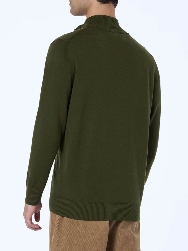 Man military green cardigan Savile in merino wool