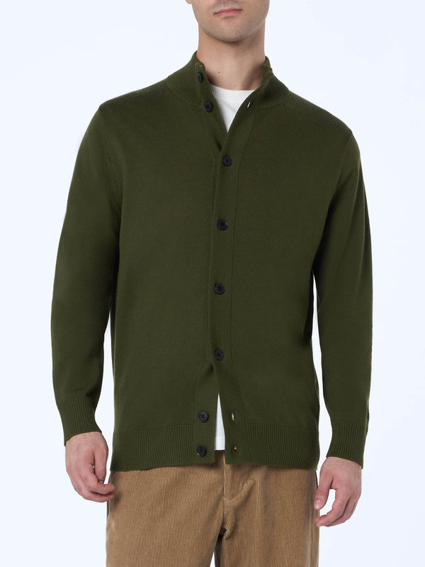 Man military green cardigan Savile in merino wool