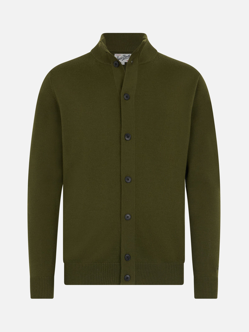 Cardigan da uomo verde militare Savile in lana merino