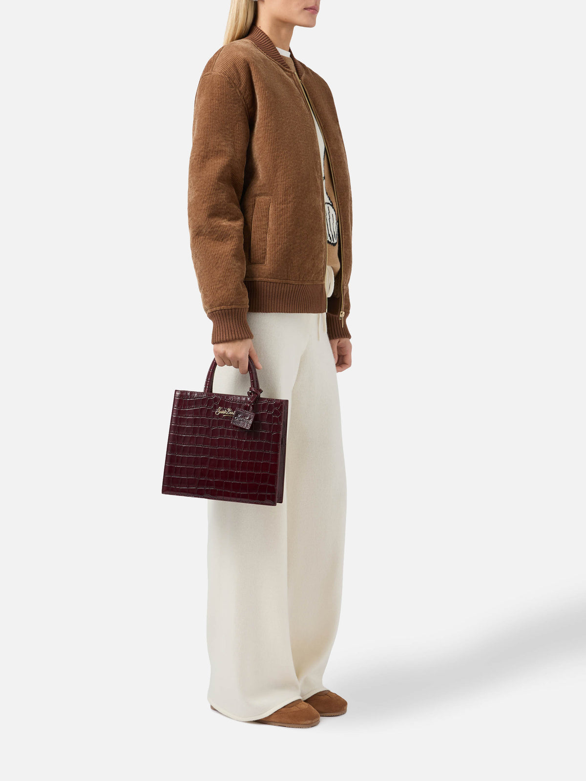 Bordeaux Medium Shop bag in croco print leather with logo lettering
