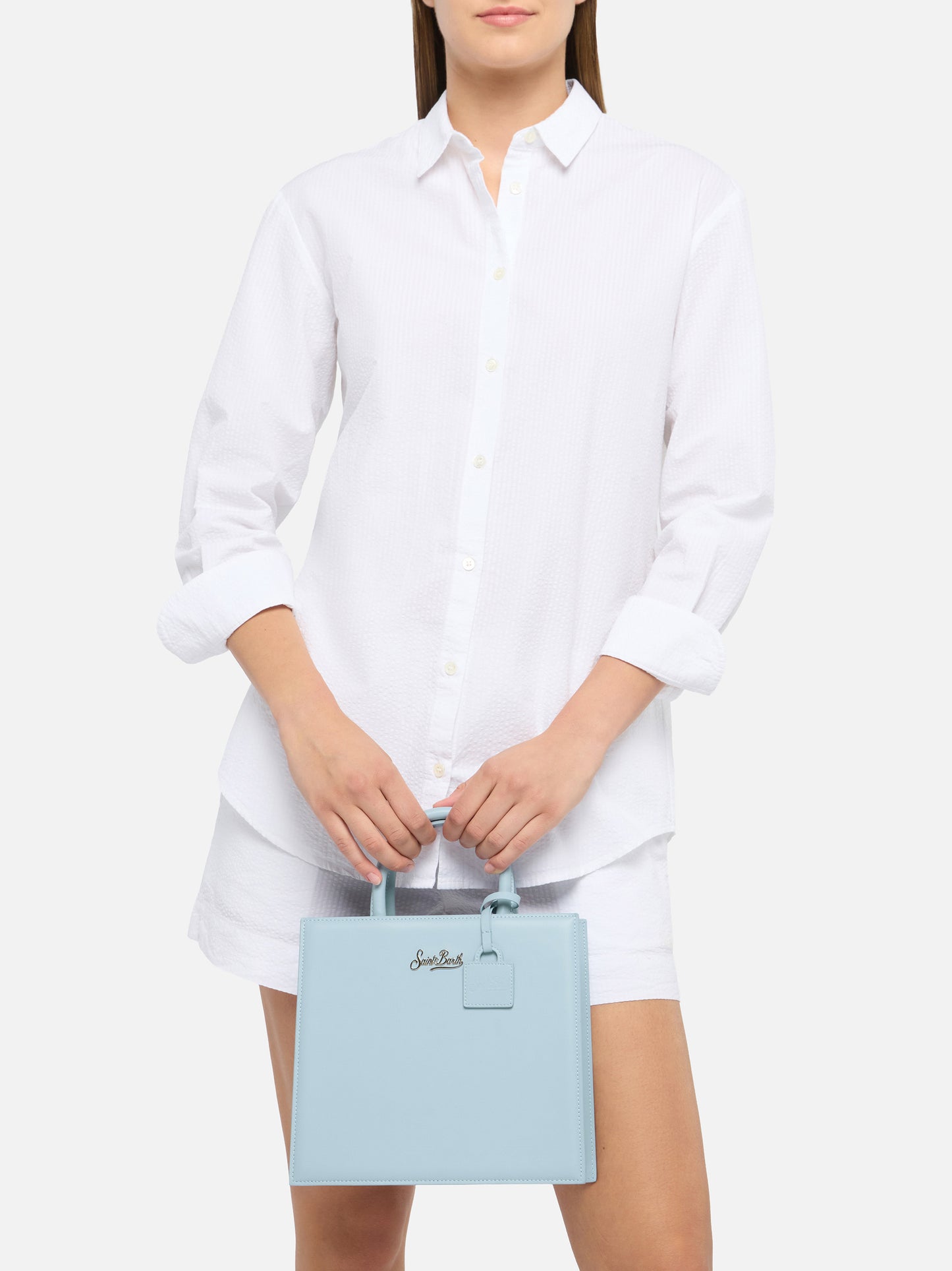 Structured Shop Midi bag in light blue smooth leather with metal tag