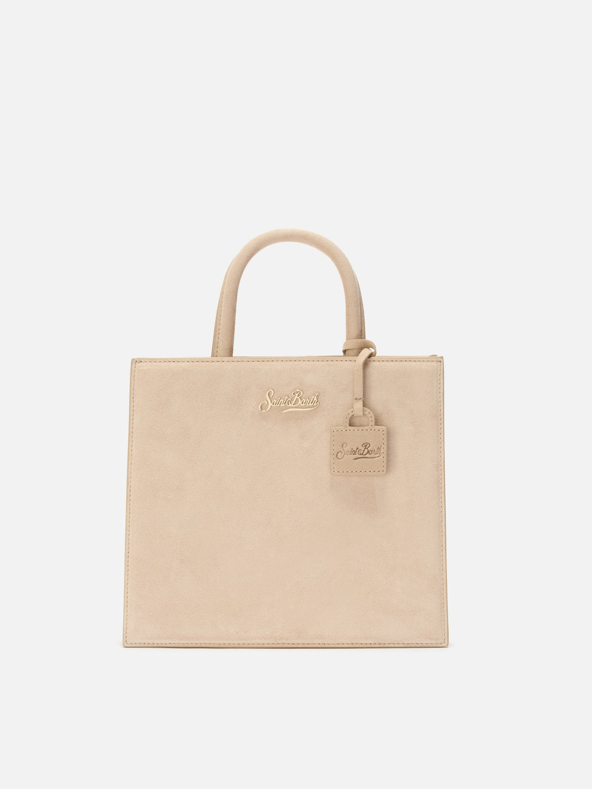 Borsa Medium Shop beige in camoscio con placca logo in metallo