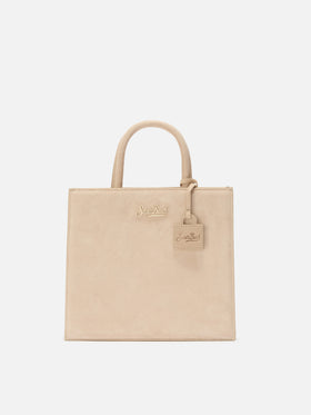 Borsa Medium Shop beige in camoscio con placca logo in metallo