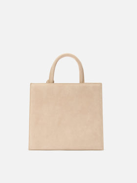 Borsa Medium Shop beige in camoscio con placca logo in metallo