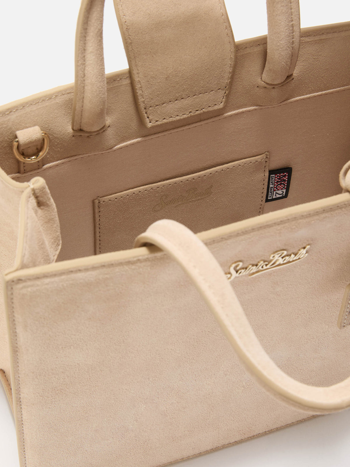 Borsa Medium Shop beige in camoscio con placca logo in metallo