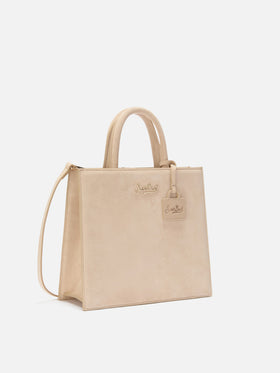 Borsa Medium Shop beige in camoscio con placca logo in metallo