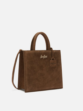 Braune mittelgroße Shopping-Bag aus Wildleder mit Logo-Schriftzug 