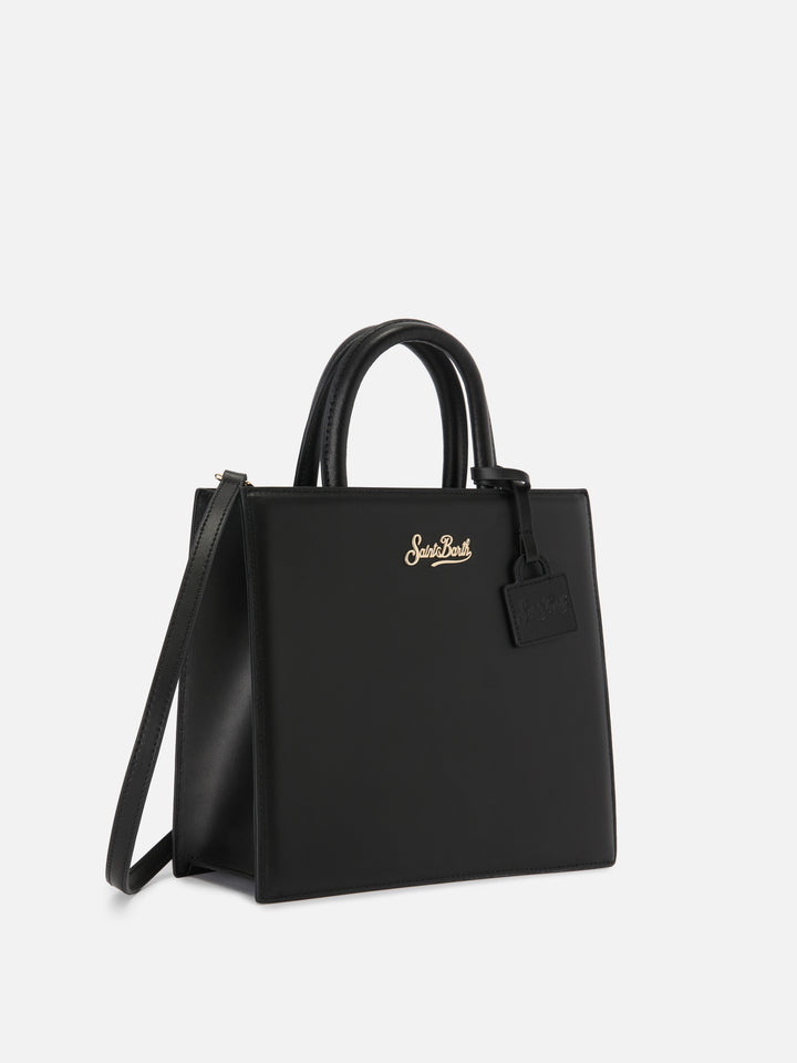 Structured Shop Midi bag in black smooth leather with metal tag