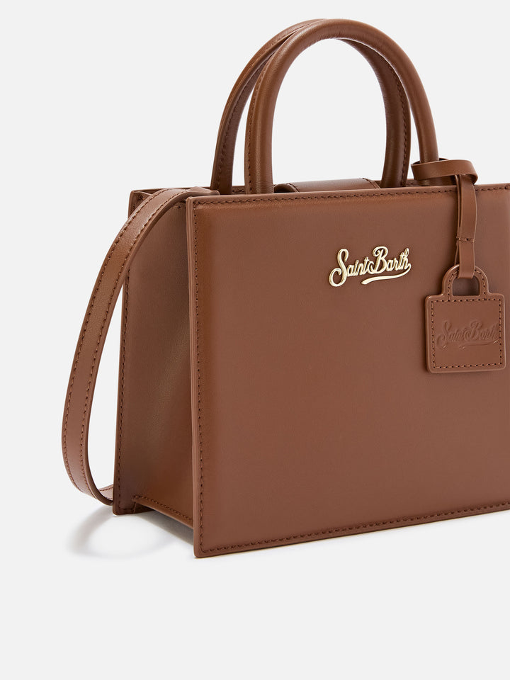 Braune Mini Shop Bag aus Leder mit Logo-Schriftzug 