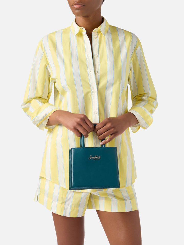 Structured Shop mini bag in teal green smooth leather with metal tag