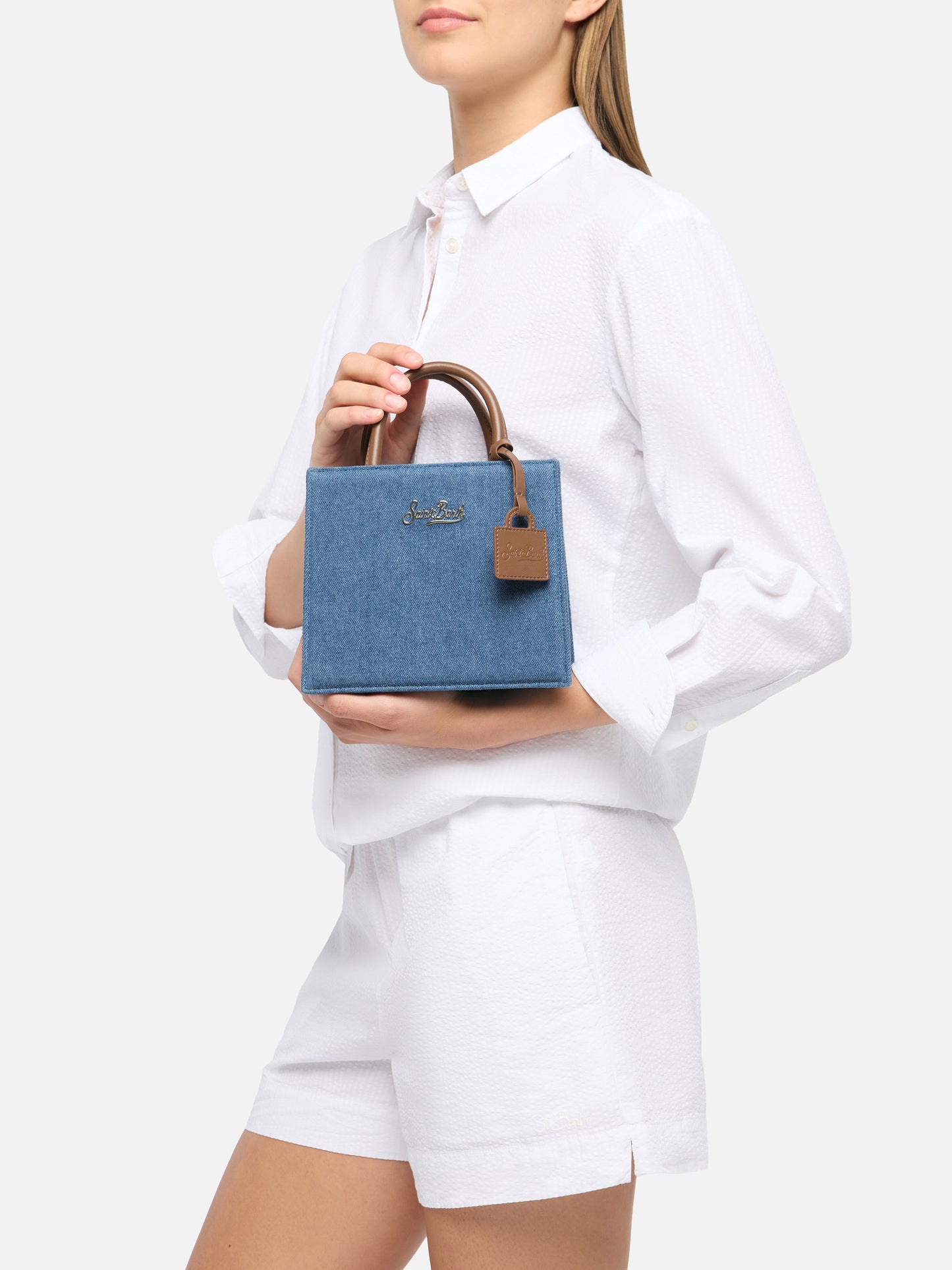Structured Shop Mini bag in denim with leather details