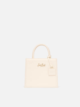 Structured Shop mini bag in white smooth leather with metal tag