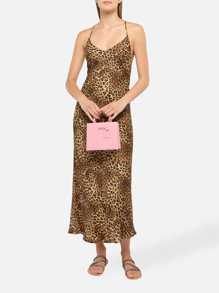 Borsa Shop mini strutturata in pelle liscia rosa con targhetta metallica