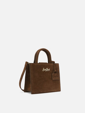 Borsa Mini Shop marrone in camoscio con scritta logo