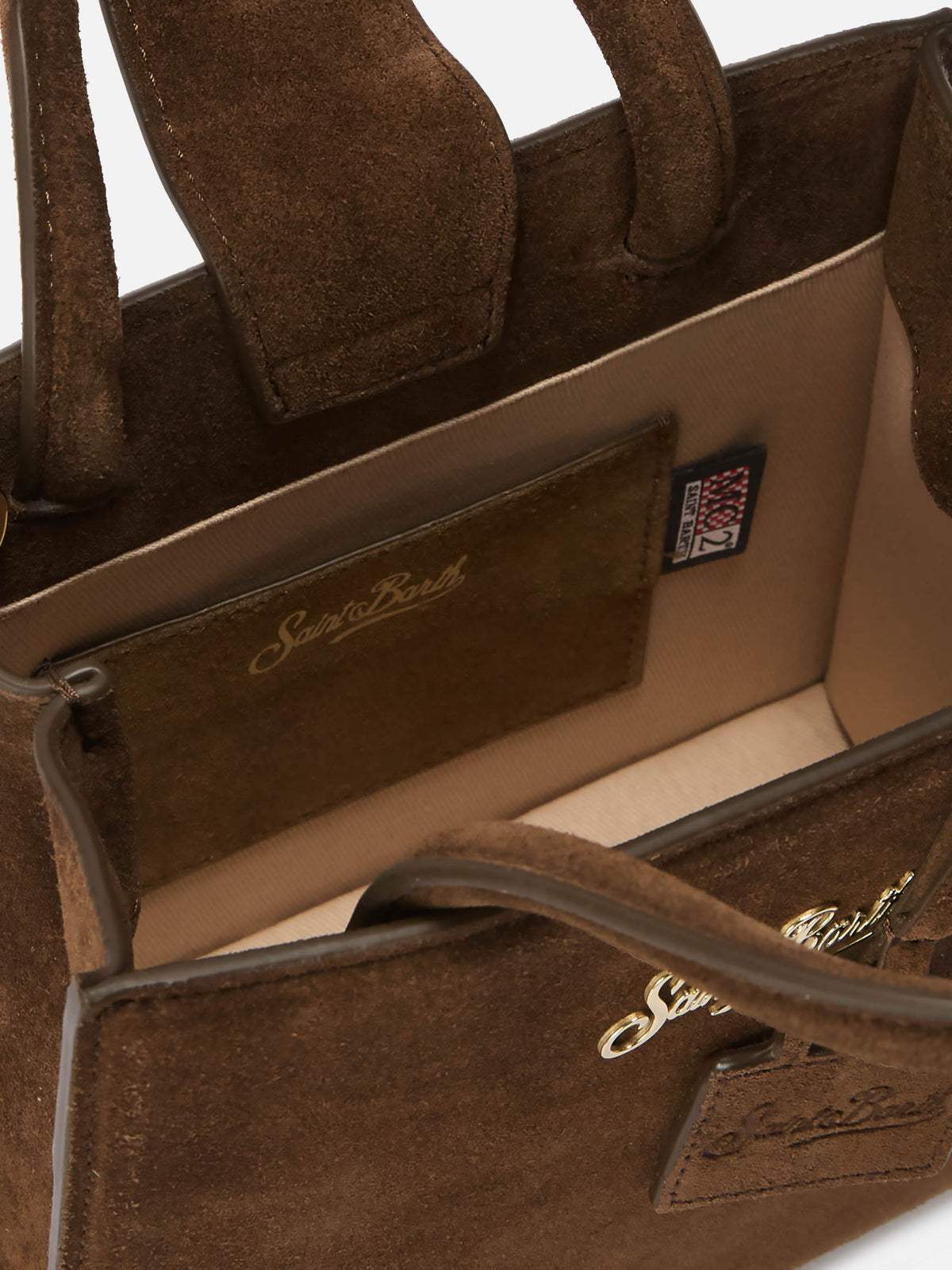 Borsa Mini Shop marrone in camoscio con scritta logo
