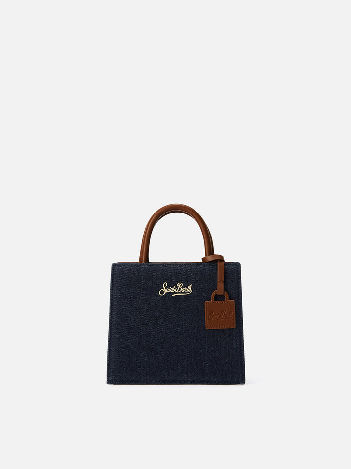 Mini Shop bag en cuir denim foncé avec empiècements en denim 