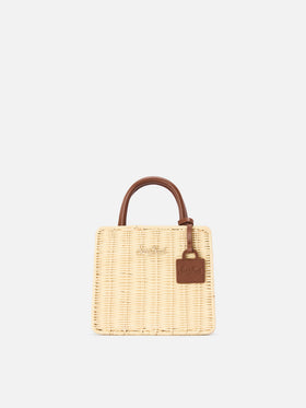 Borsa Shop Mini strutturata in midollino con dettagli in pelle marrone