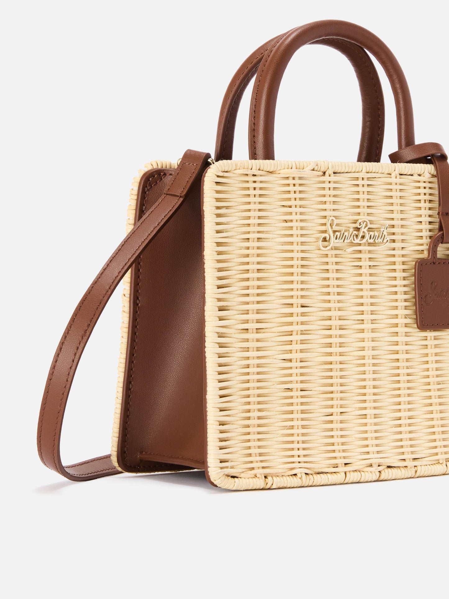 Borsa Shop Mini strutturata in midollino con dettagli in pelle marrone