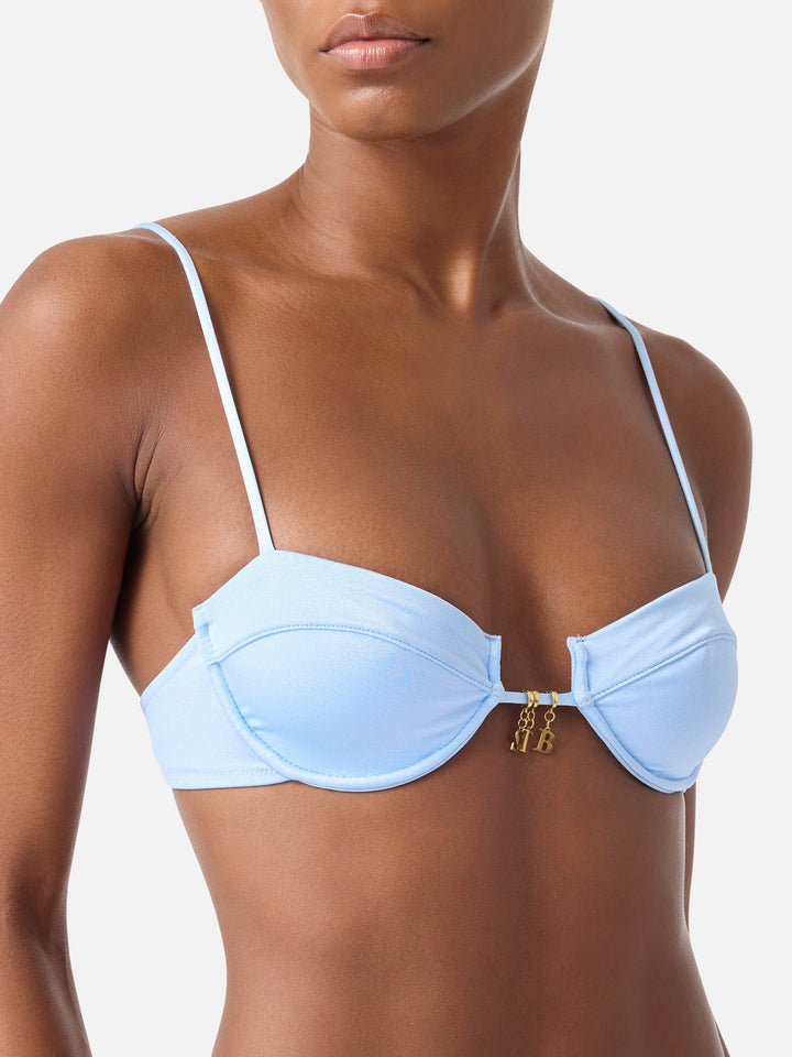 Salina balconette bikini top in light blue glossy finish fabric with charms