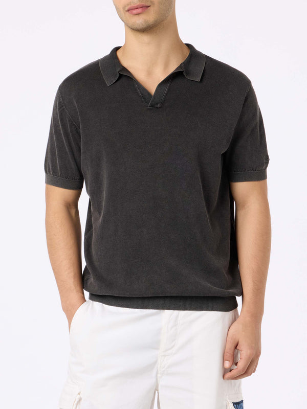 Schwarzes Herren-Strickpoloshirt Sloan mit Vintage-Behandlungseffekt