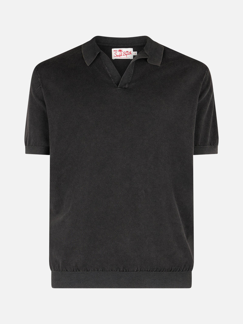 Schwarzes Herren-Strickpoloshirt Sloan mit Vintage-Behandlungseffekt