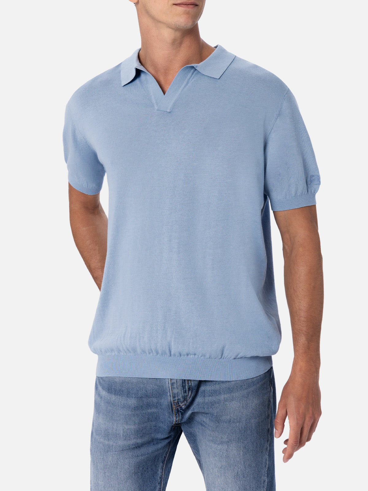Sloan light blue buttonless knitted polo shirt