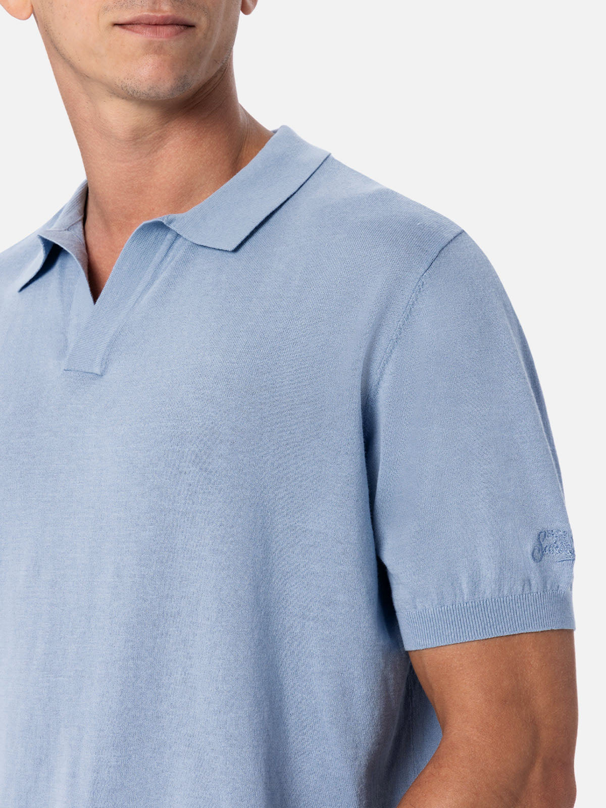 Sloan light blue buttonless knitted polo shirt