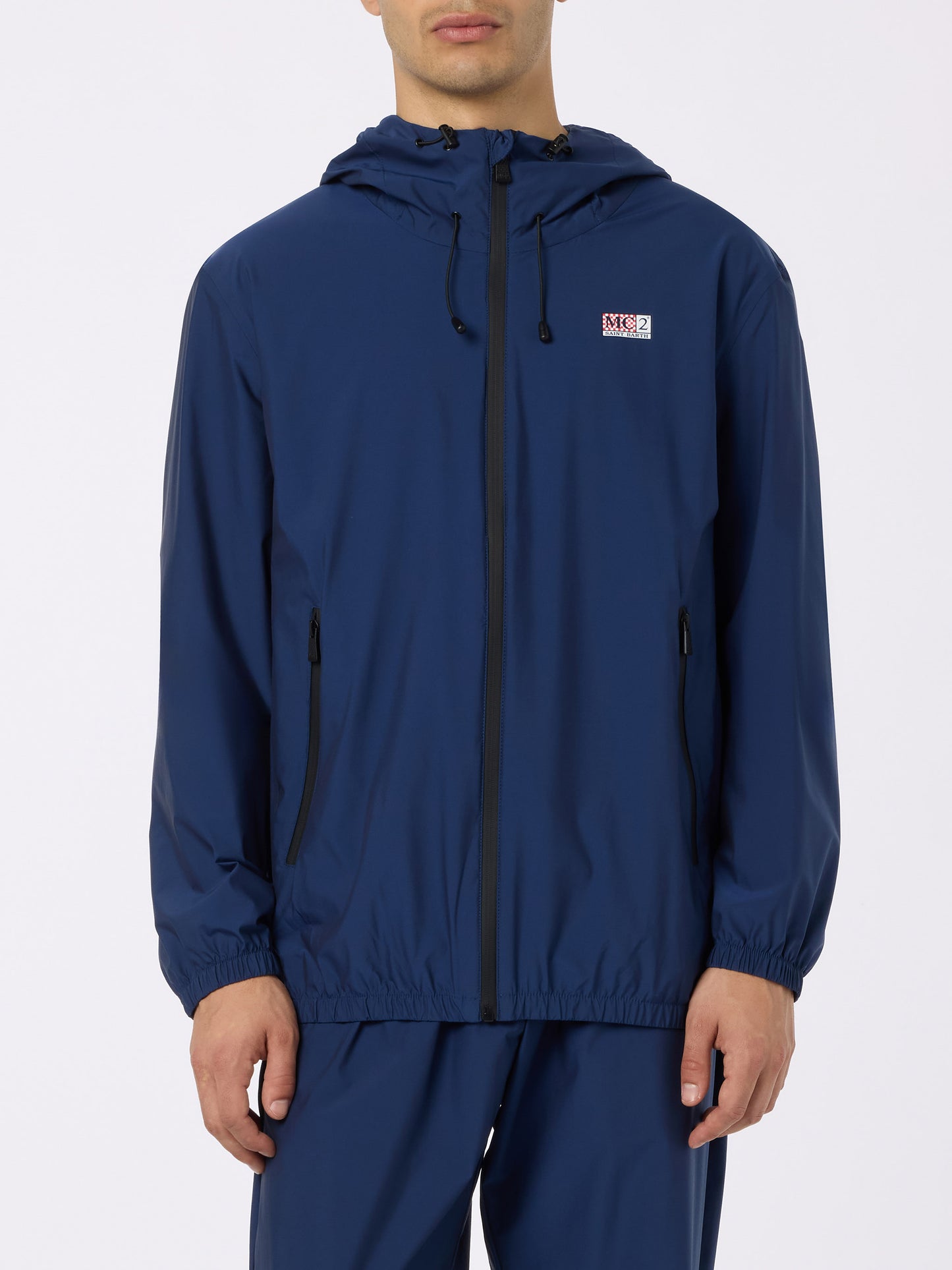 Man hooded lightweight navy blue fabric windbreaker Sloop - MC2 Saint Barth