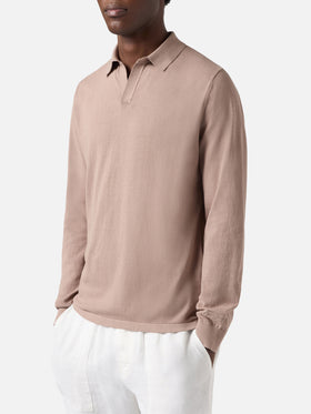 Sloan long-sleeve solid taupe polo in premium high-twist cotton