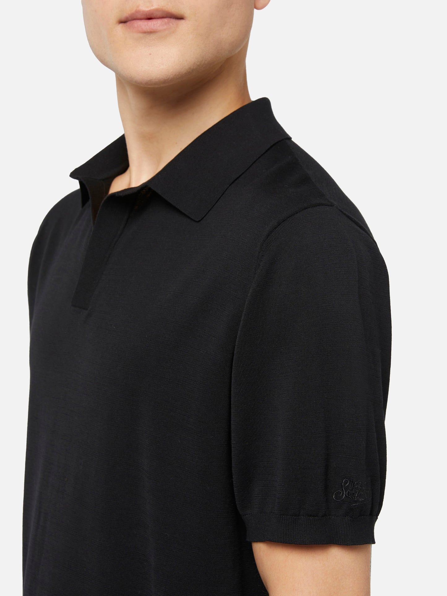Sloan black silk cotton knitted polo shirt