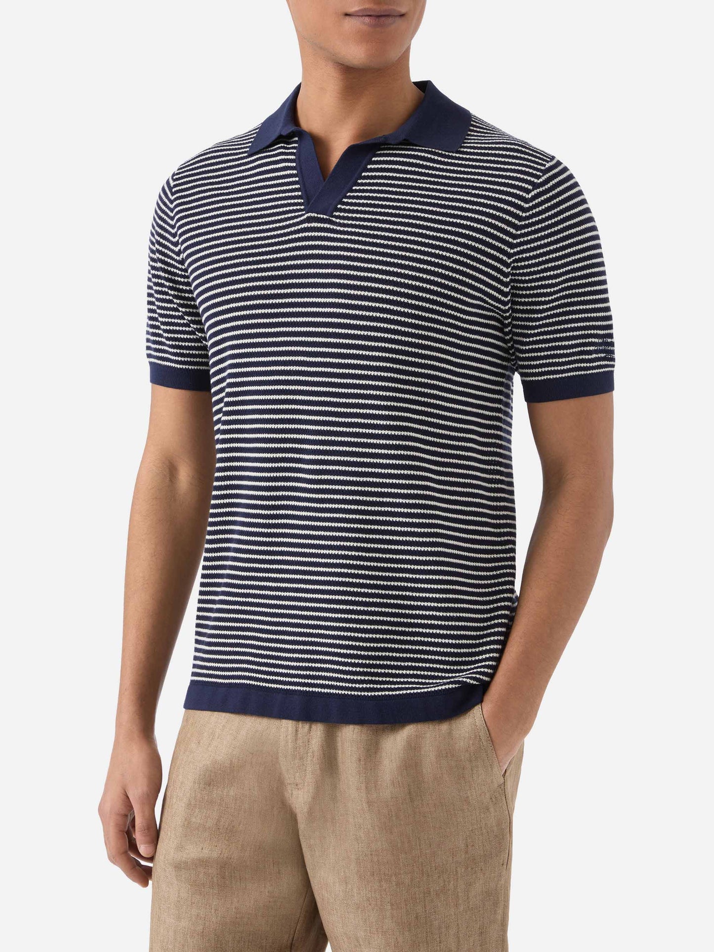 Sloan striped polo in premium high-twist cotton with blue stripes