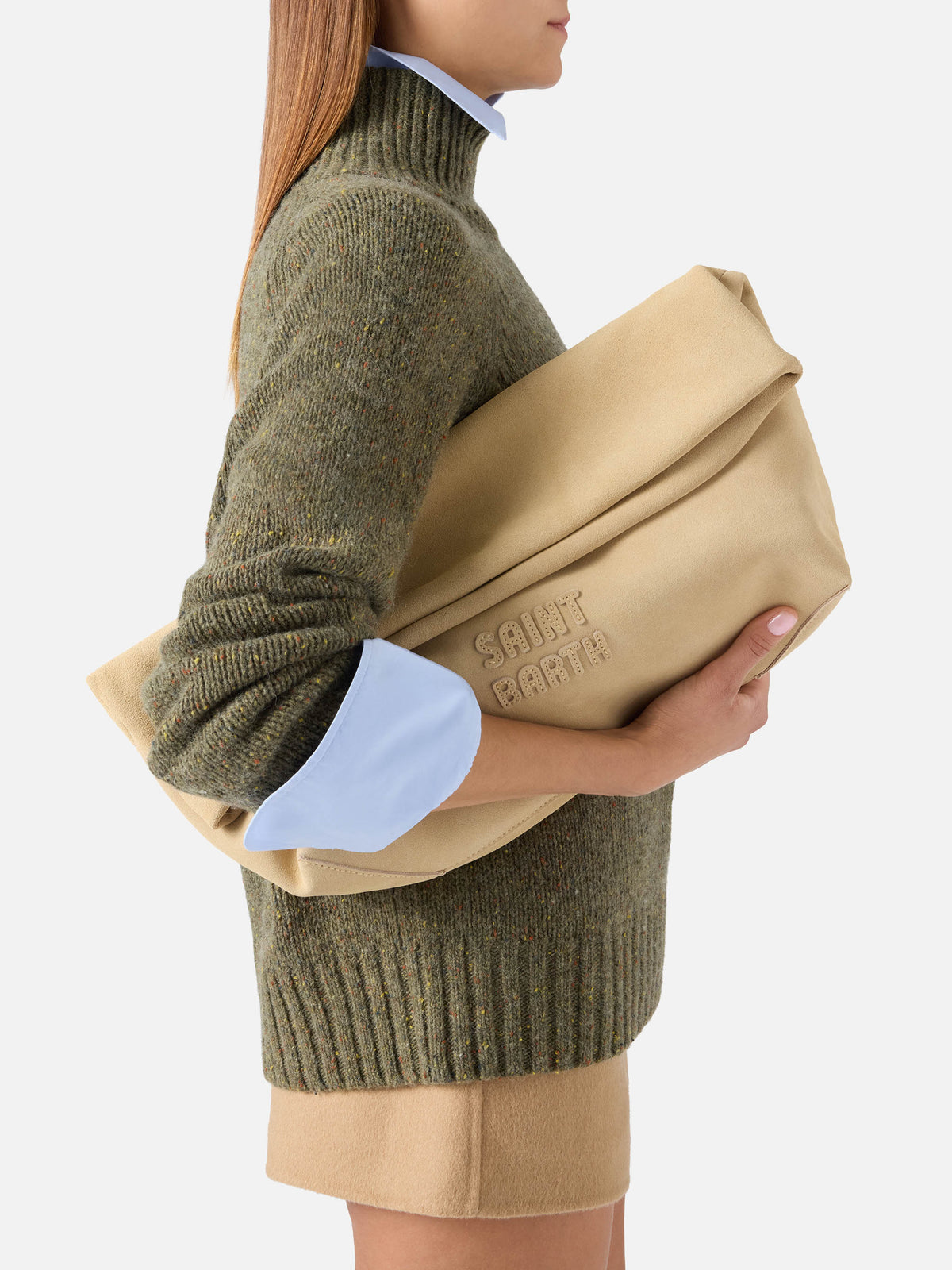 Beige suede Maxi pouch with logo patch