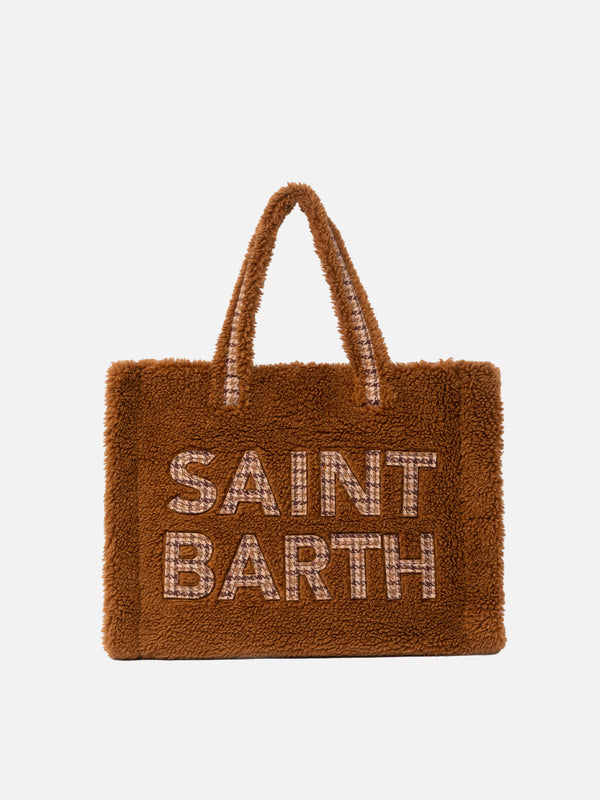 Brown teddy Soft Bag with Saint Barth checkered logo