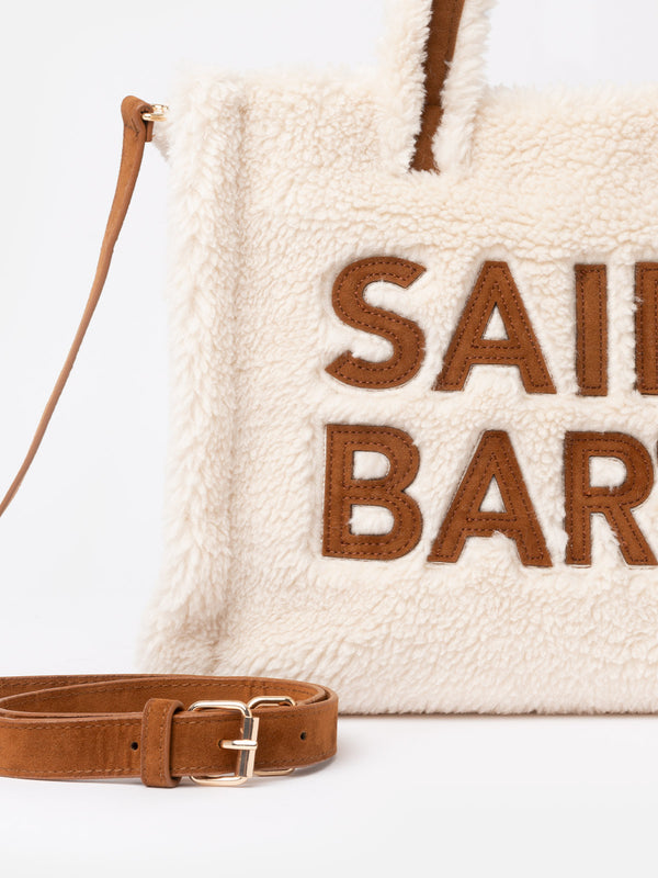 White teddy Soft Bag Small with Saint Barth logo and shoulder strap