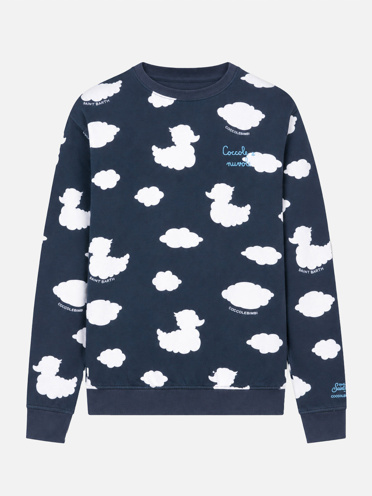 Blaues Crewneck-Sweatshirt mit Stickerei „Coccole e nuvole“ | COCCOLEBIMBI SPECIAL EDITION 