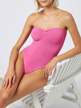 Woman fuchsia lurex strapless one piece swimsuit Soleil