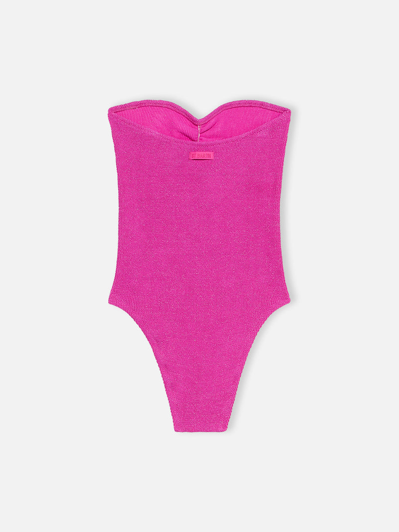 Woman fuchsia lurex strapless one piece swimsuit Soleil