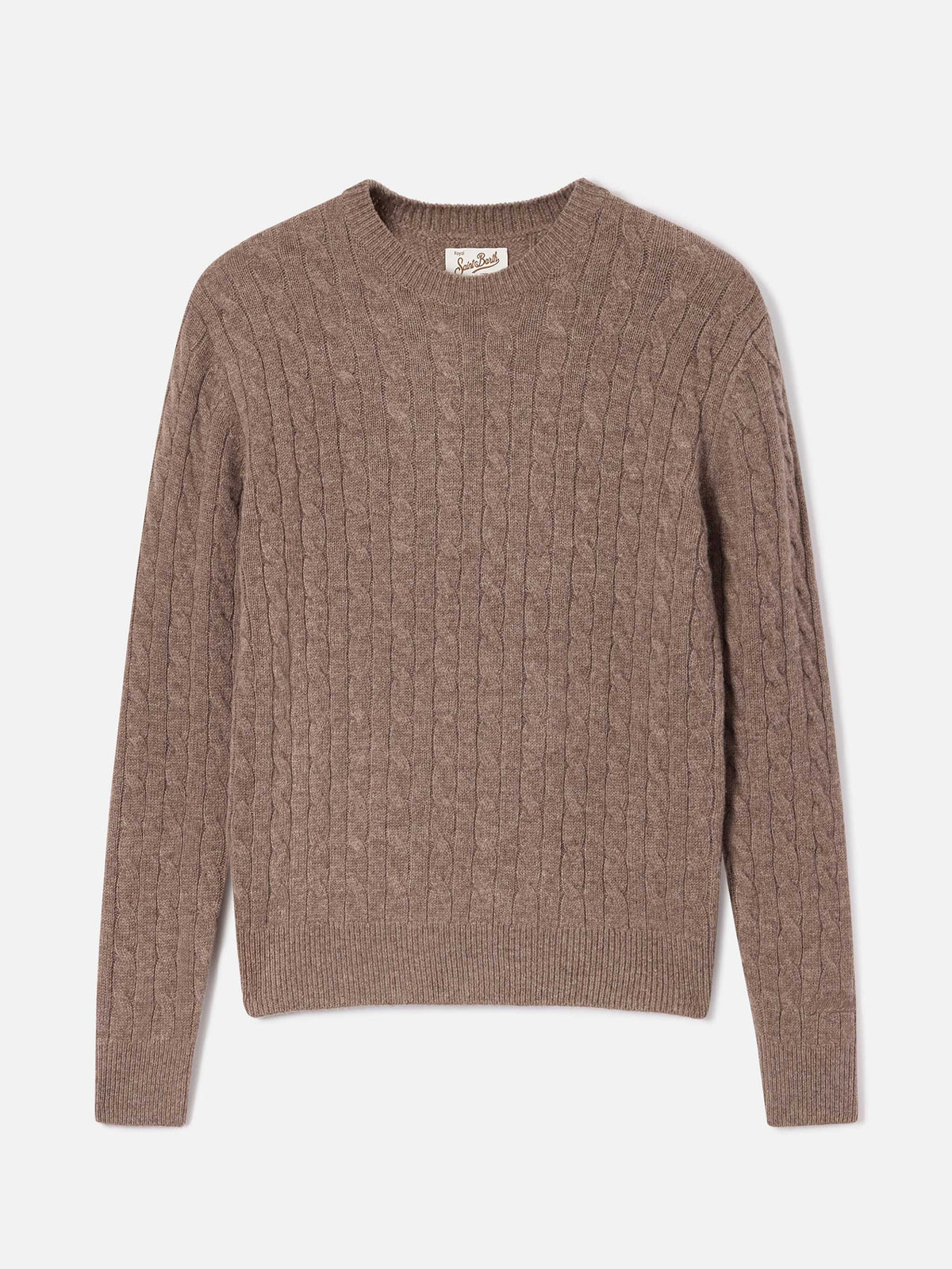 Maglia girocollo Sorbonne nocciola in lana con punto a trecce