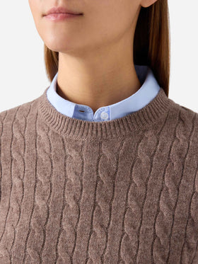 Woll-Strickpullover Sorbonne Nut mit Rundhalsausschnitt und Zopfmuster 