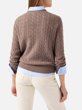 Woll-Strickpullover Sorbonne Nut mit Rundhalsausschnitt und Zopfmuster 