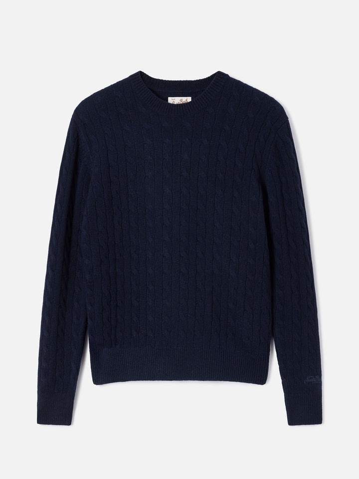 Night blue Sorbonne wool crewneck knit with cable stitch