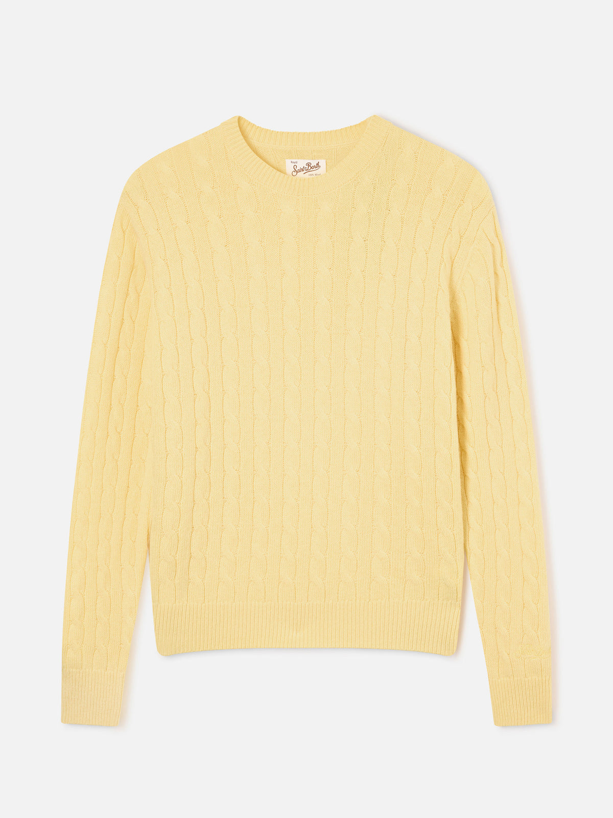Light yellow Sorbonne wool crewneck knit with cable stitch