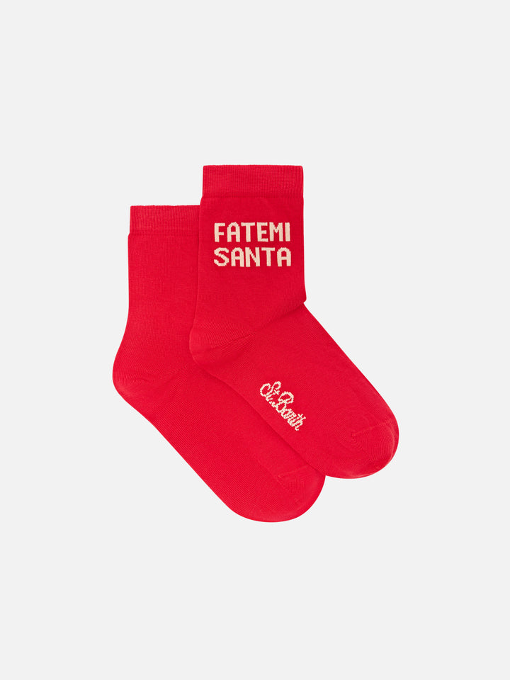 Rote Socken mit Fatemi Santa-Schriftzug 