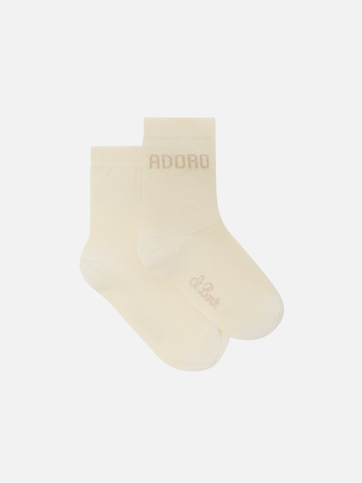 Off white socks with Adoro lettering