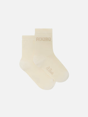 Off white socks with Adoro lettering