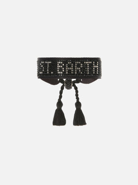 Black fabric bracelet with St. Barth beaded lettering