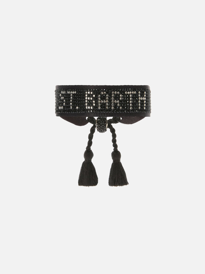 Black fabric bracelet with St. Barth beaded lettering