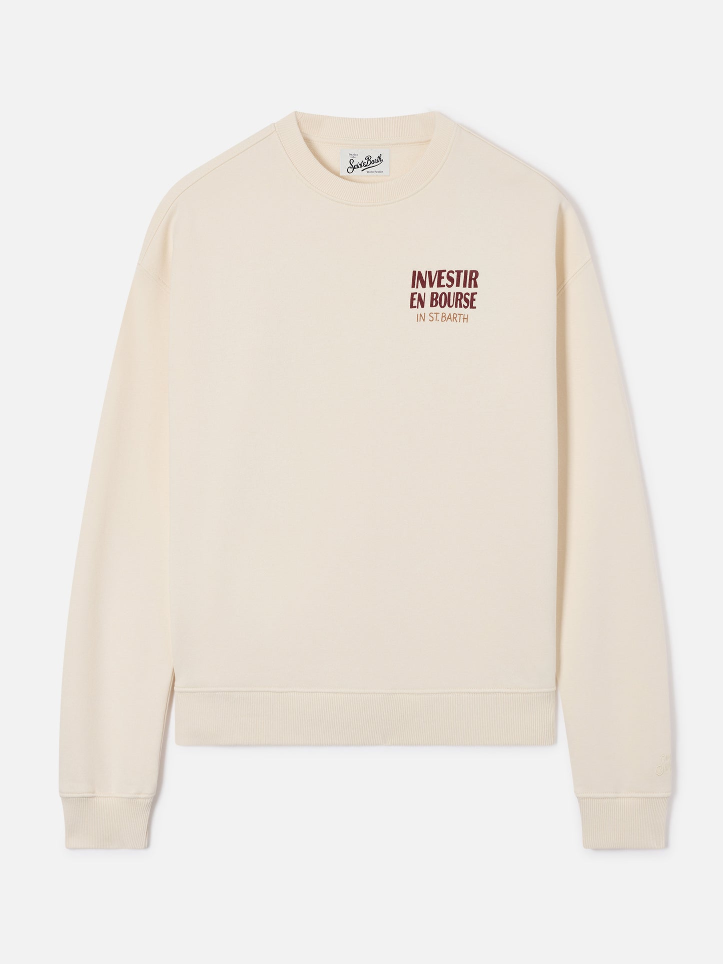 Stardust Rundhals-Sweatshirt aus weißer Baumwolle mit Investir en Bourse-Stickerei 