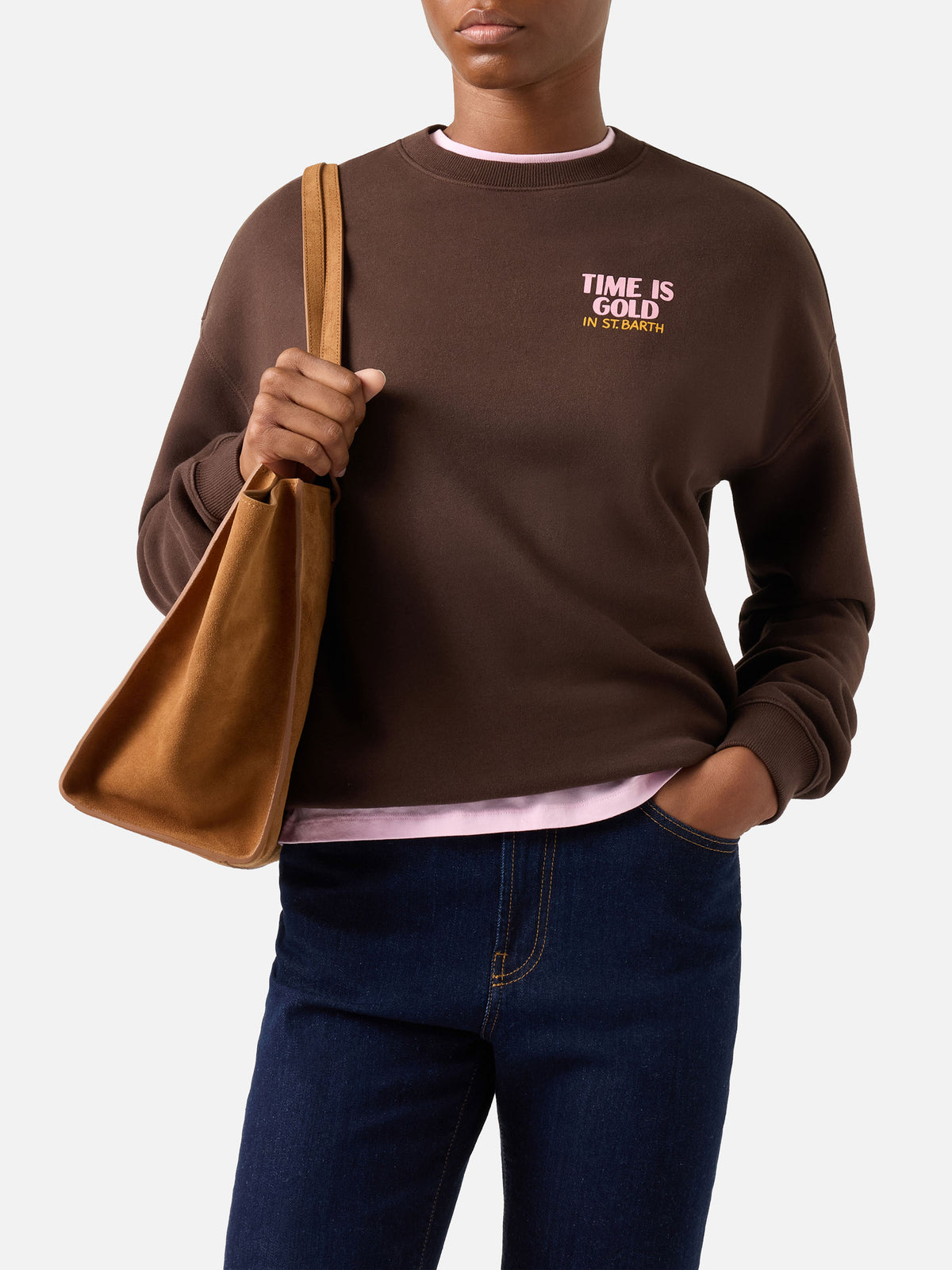 Brown Stardust sweatshirt with Time Is Gold print