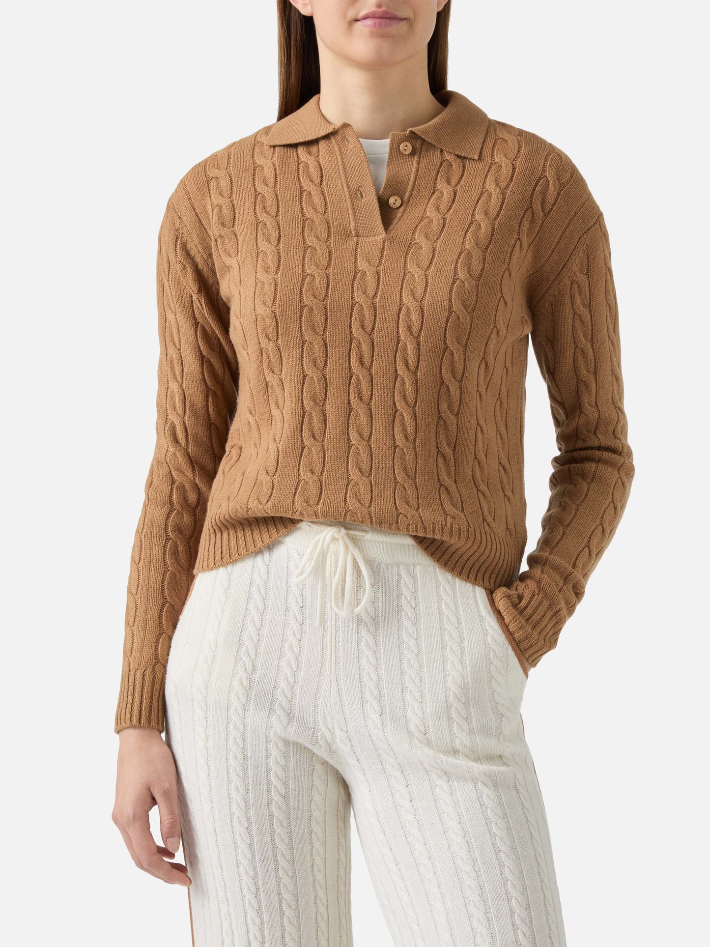 Savoy soft-touch cable-knit merino wool polo sweater in camel